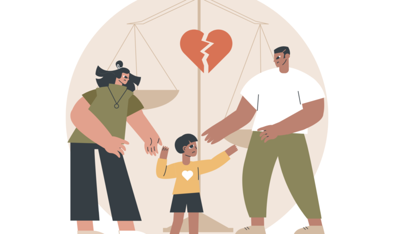 Illustration of divorced parents pulling their child in opposite directions, with a broken heart and a scale in the background symbolizing child custody disputes.