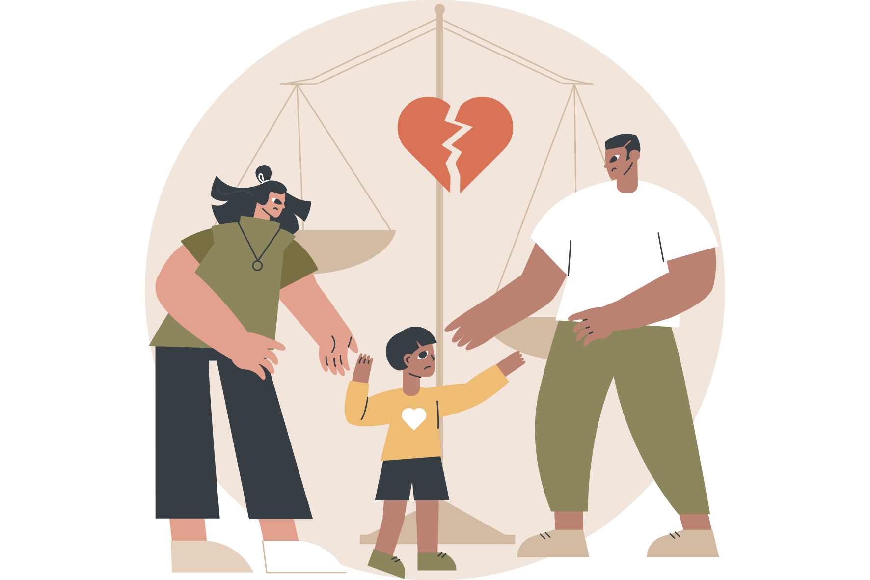 Illustration of divorced parents pulling their child in opposite directions, with a broken heart and a scale in the background symbolizing child custody disputes.