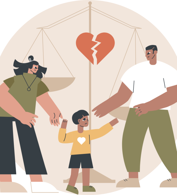 Illustration of divorced parents pulling their child in opposite directions, with a broken heart and a scale in the background symbolizing child custody disputes.